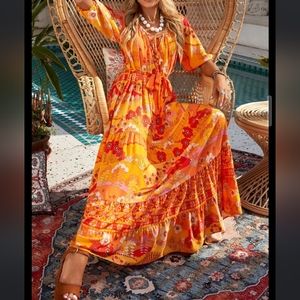 Boho Citrus Ember Tie-Waist Maxi Dress